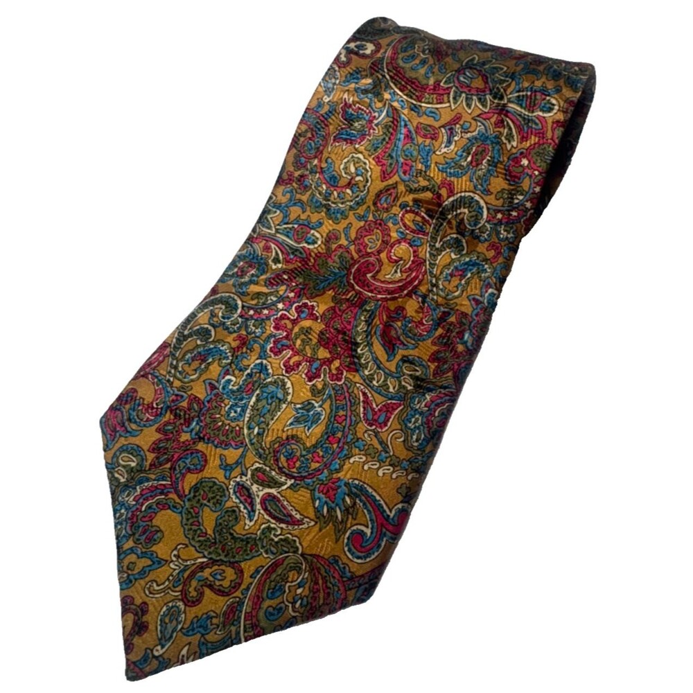 Vintage Lanvin Paris Silk Tie Paisley 3.75" Made France Gold Teal Magenta 90s